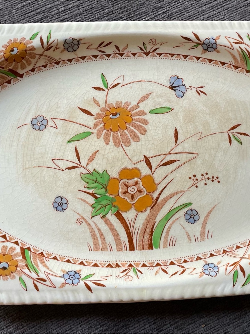 Antique Floral Ceramic Serving Platter in Cream and Mustard